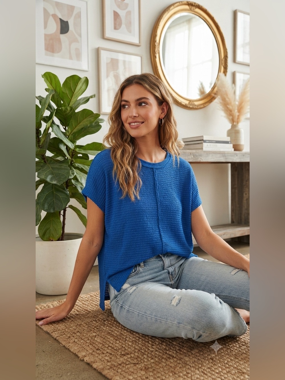 Zenana Outfitters Short Sleeve Knit Top in Bright Blue